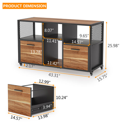 2 Drawer File Cabinet, Wood Mobile Lateral Filing Cabinet